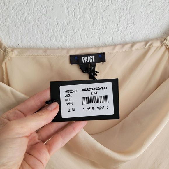 Paige Andreya Bodysuit Satin Ecru Long Sleeve Cowl Neck Snap Bottom Blouse - Picture 4 of 7